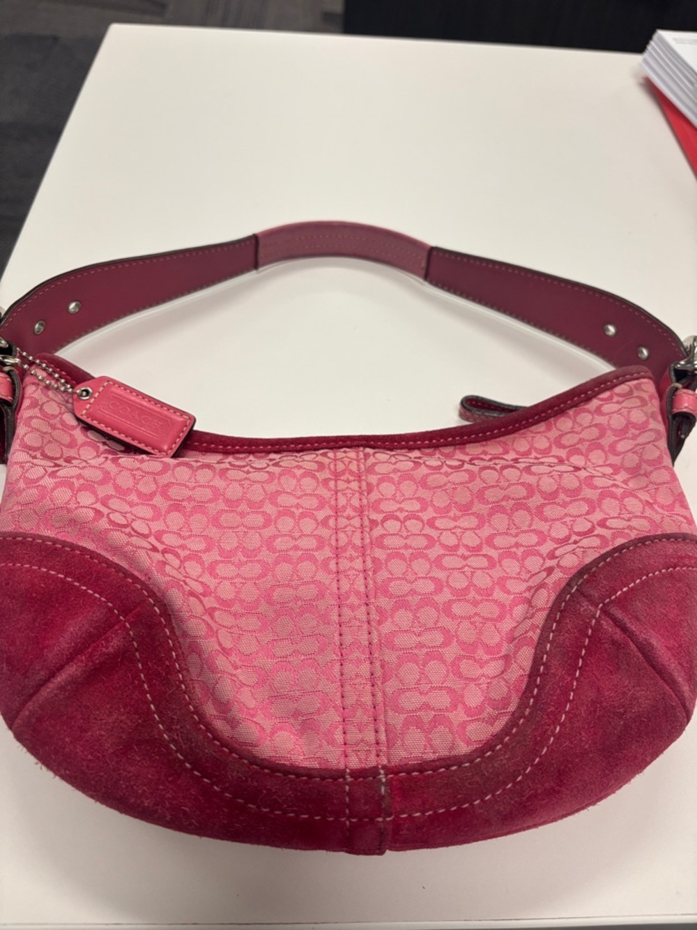 Coach Pink Signature Canvas & Suede Hobo Shoulder Bag